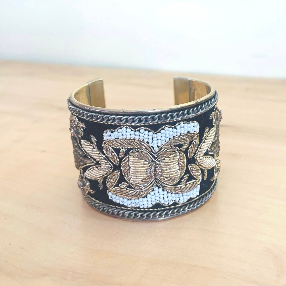 Vtg Artisan Wide Cuff Bullion Embroidered Bracelet Zardozi Style Brass Seed Bead